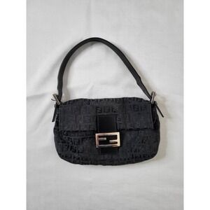 Fendi Zucca Blackish Fabric Baguette Shoulder Bag with Logo Buckle